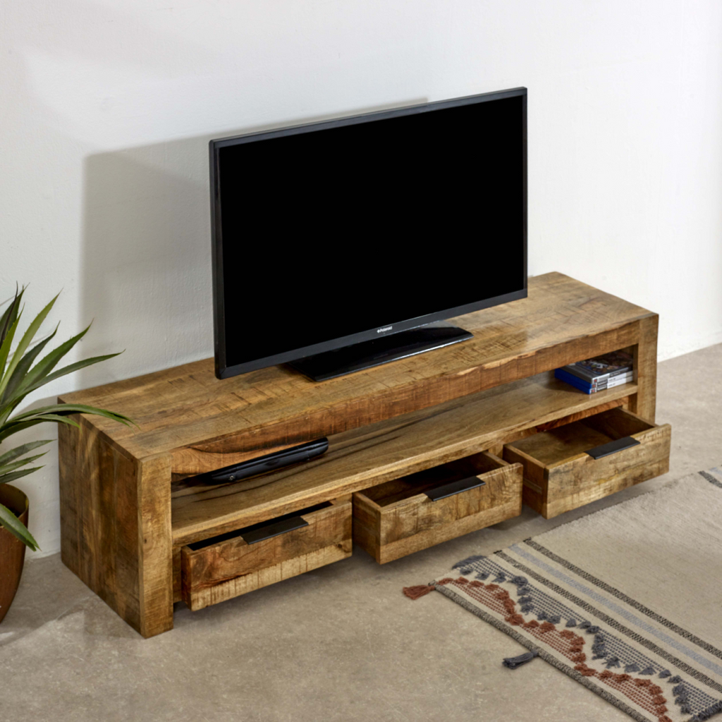 Rustic solid wood TV console with open shelf and two drawer fronts, three-bay design.