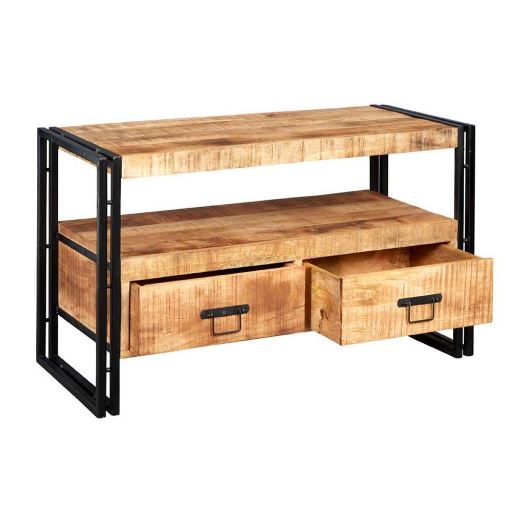 Industrial TV stand with wood top, two front drawers, and open drawer compartment detail
