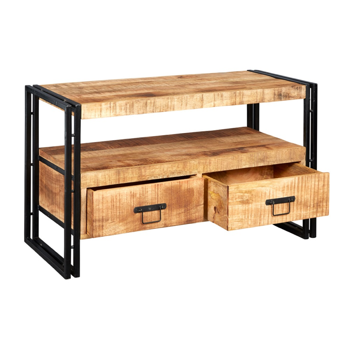 Industrial TV stand with wood top, two front drawers, and open drawer compartment detail