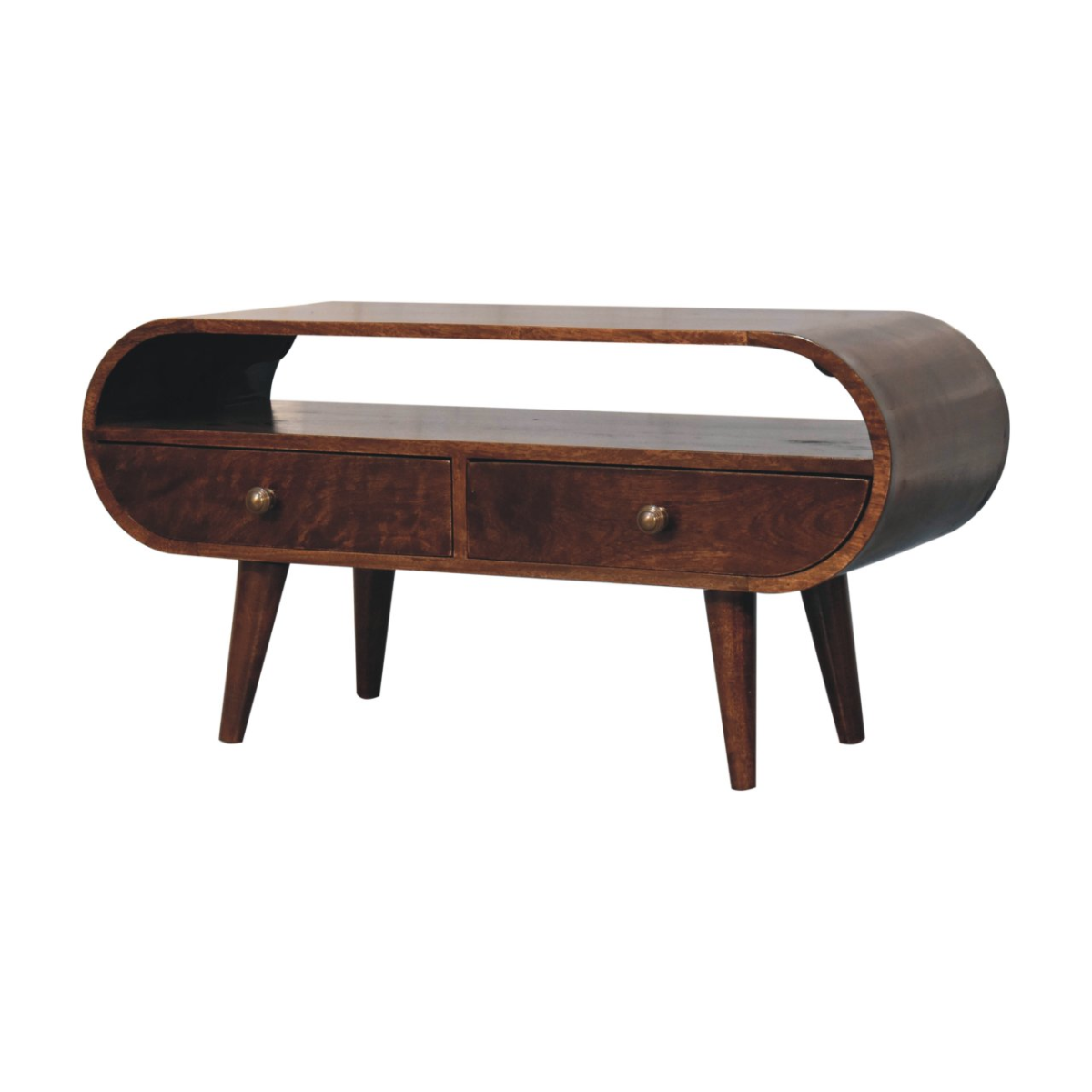 Walnut TV stand with two centered drawers and curved open shelf, tapered legs