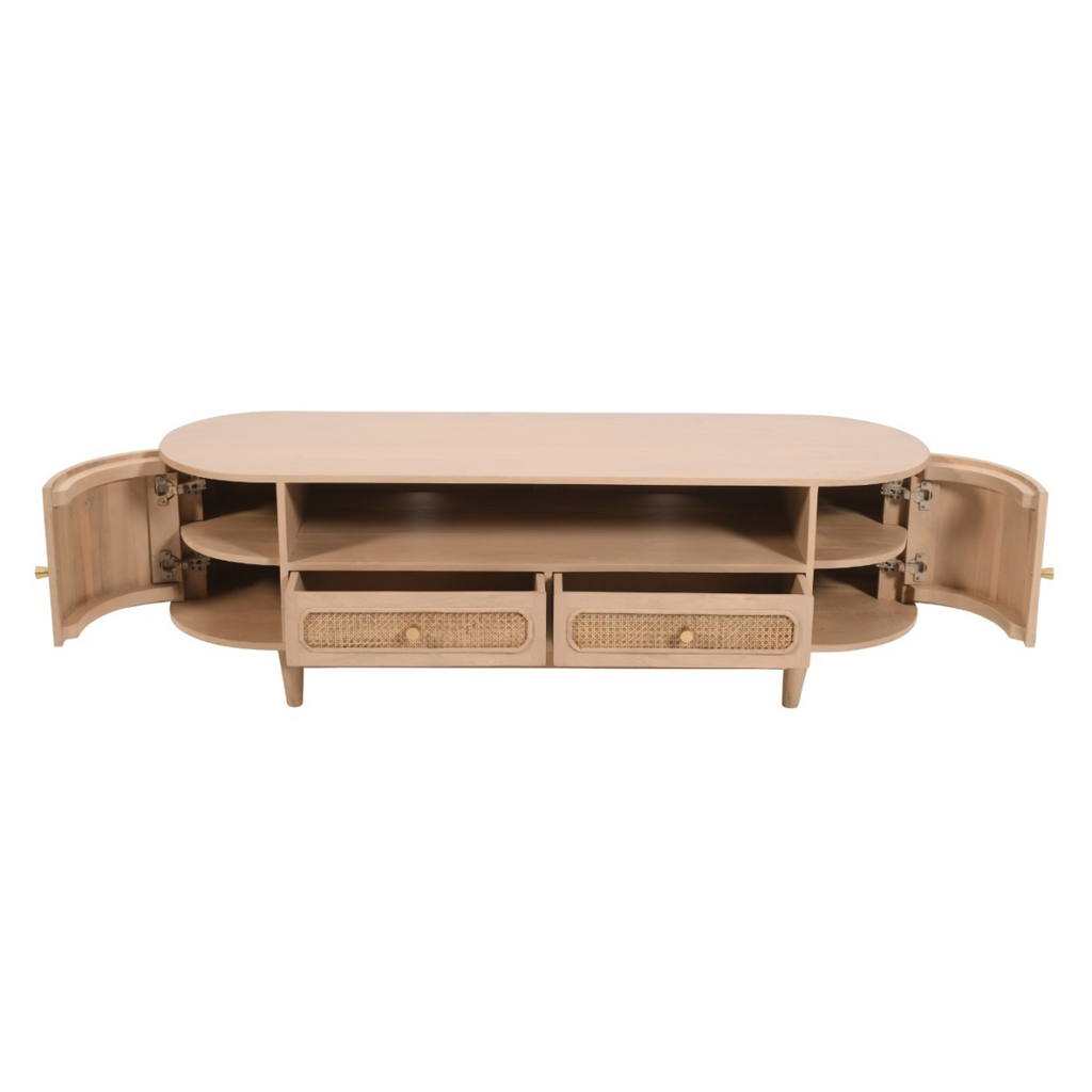 Light wood TV cabinet with open hinged sides, interior shelves, and cane-style rattan drawers