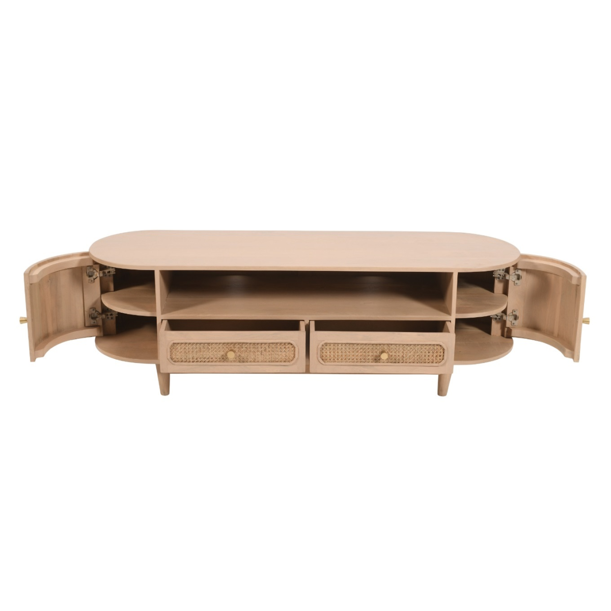 Light wood TV cabinet with open hinged sides, interior shelves, and cane-style rattan drawers
