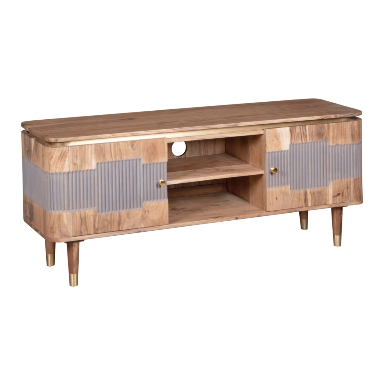 Acacia wood TV unit with open center compartment and gray ribbed side doors, side view