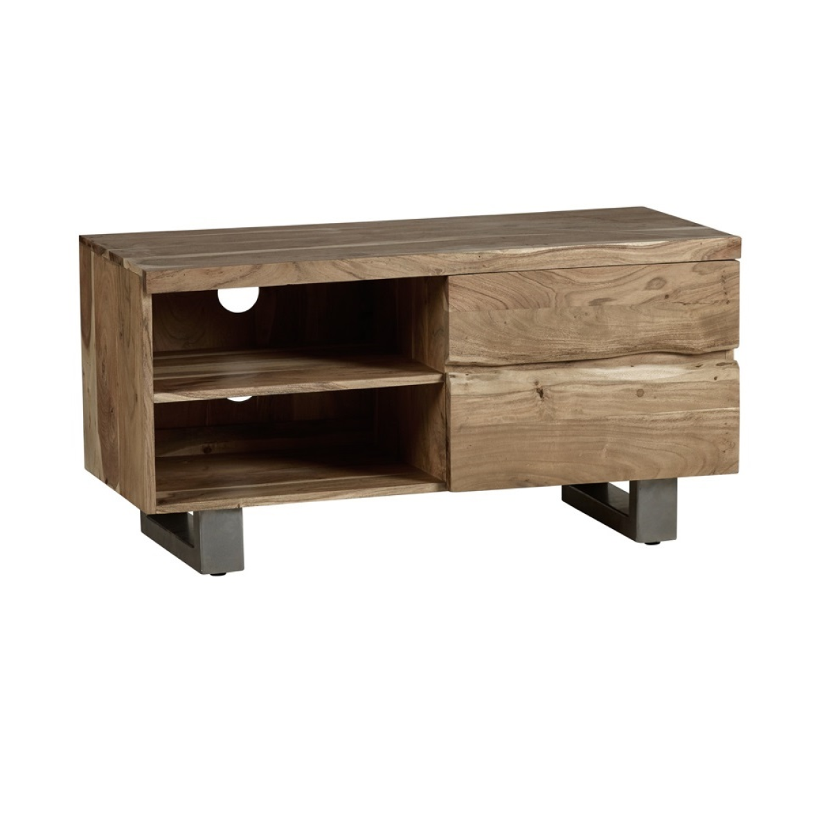 Small TV cabinet with open front compartment, drawer, and dark tapered feet