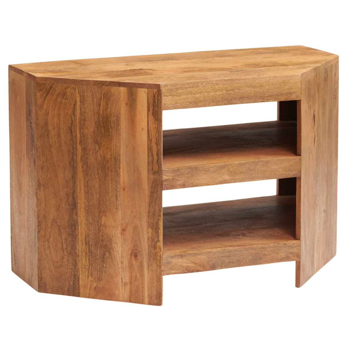 Mango wood corner TV unit with two open shelves and solid side panels