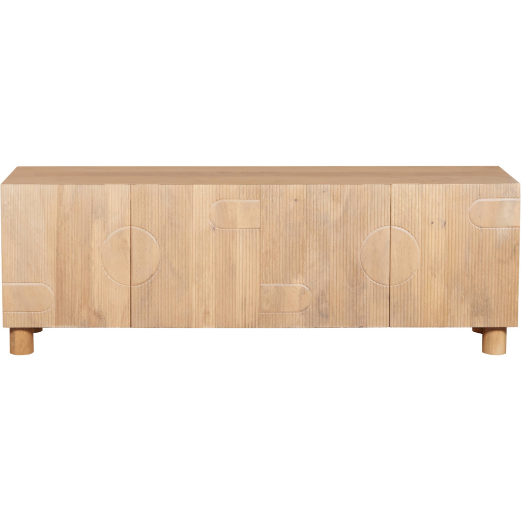 Light wood TV cabinet front with carved circular pattern and four short legs