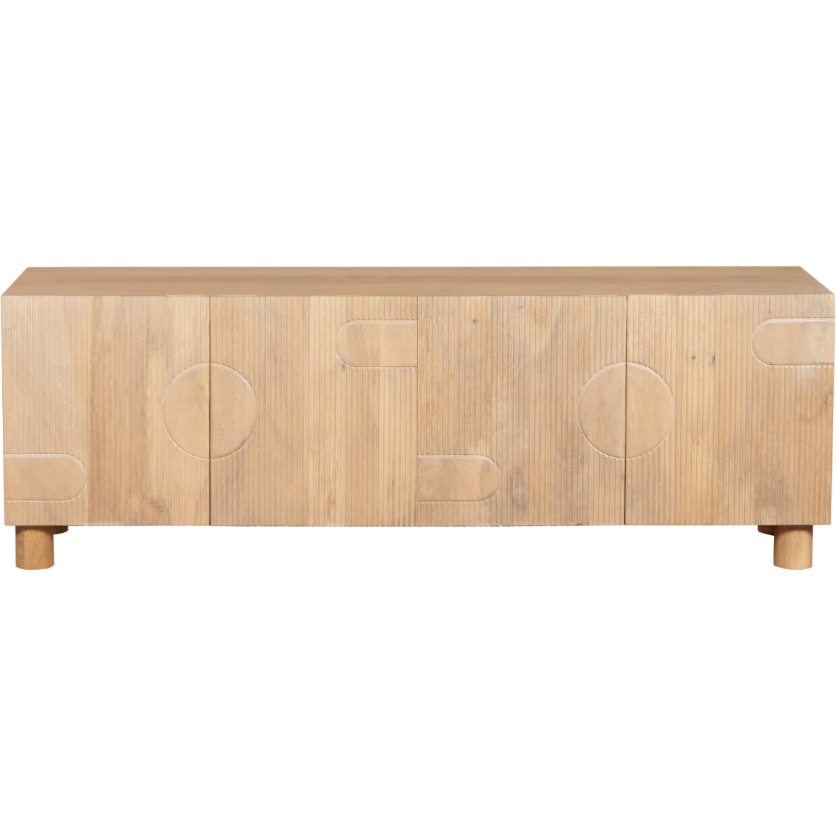 Light wood TV cabinet front with carved circular pattern and four short legs