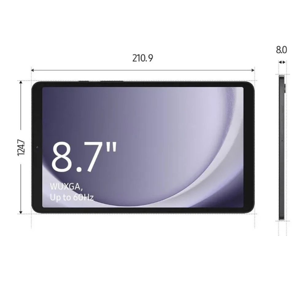 Grey tablet with 8.7-inch WUXGA display shown, slim side profile