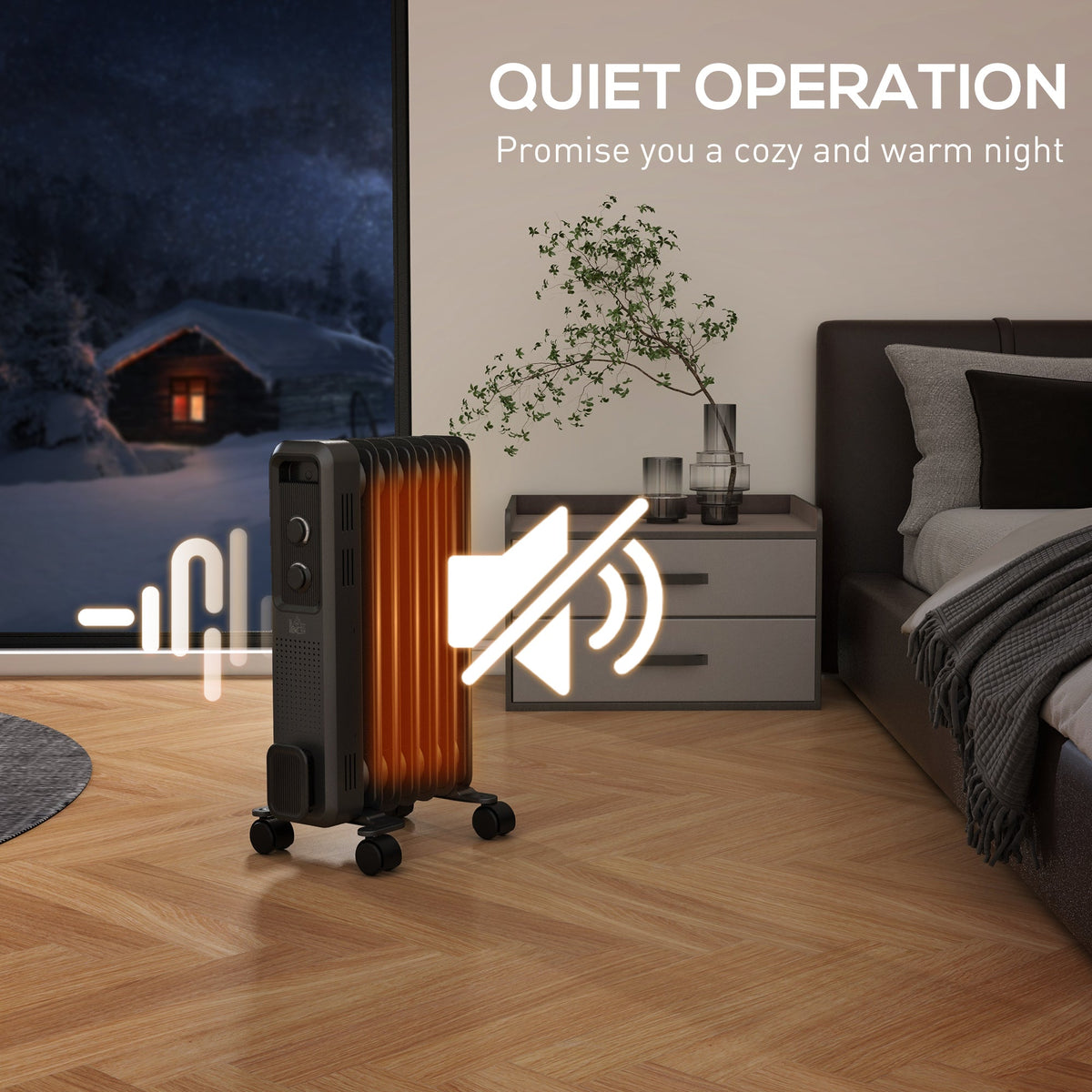 Grey oil-filled radiator heater with warm orange fins glow on wheels, in a bedroom setting