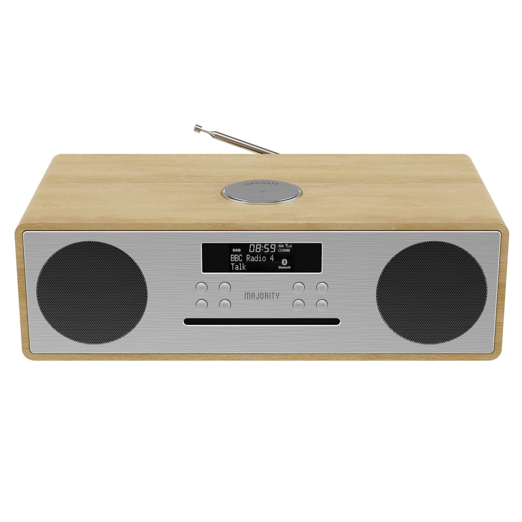 Wooden DAB radio with twin grille speakers, LCD display, and round navigation controls.