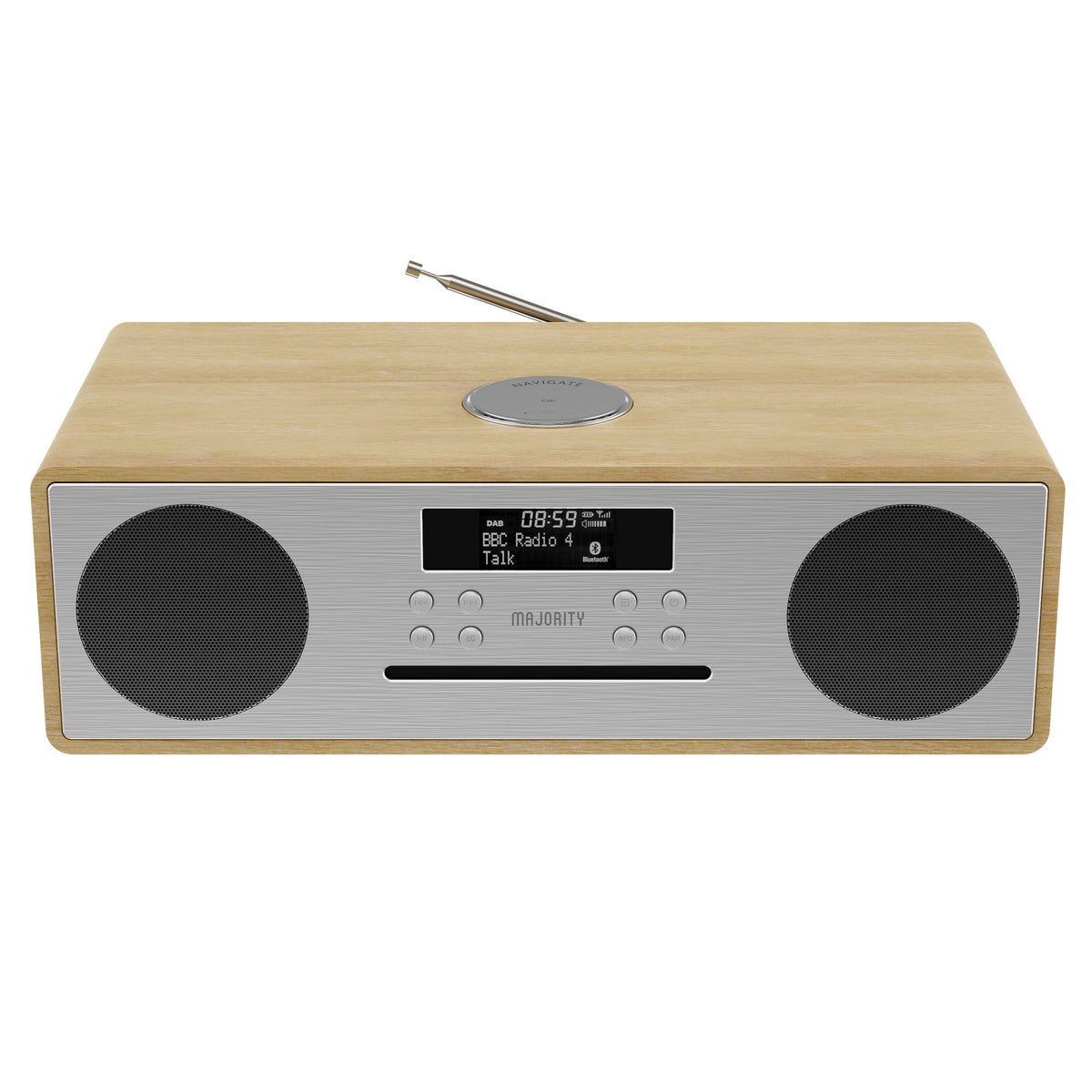 Wooden DAB radio with twin grille speakers, LCD display, and round navigation controls.