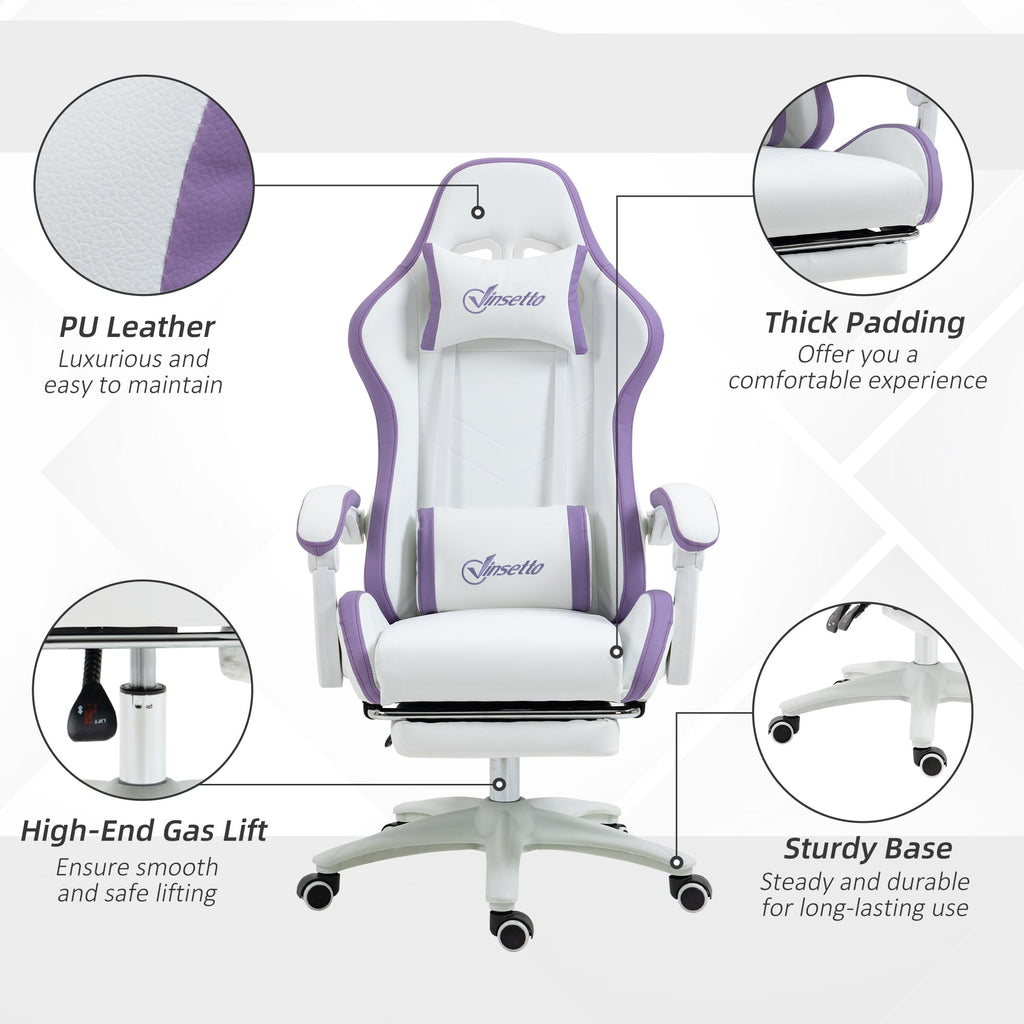 White and purple PU leather gaming chair with thick padding, lumbar support, gas lift