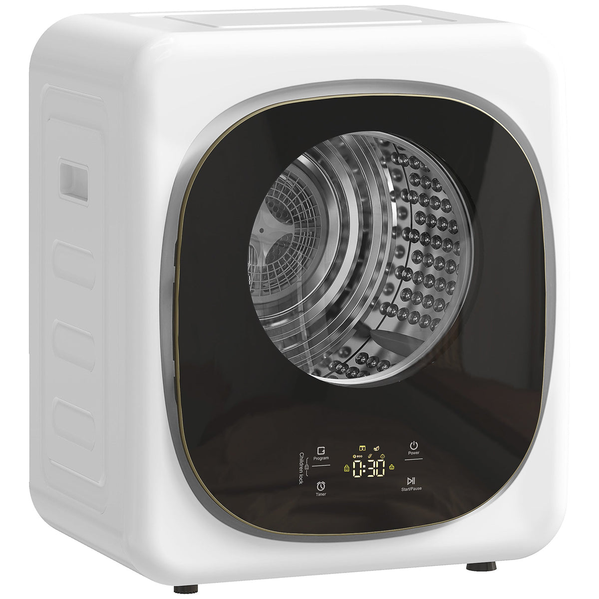White compact tumble dryer close-up of circular drum window and illuminated control icons