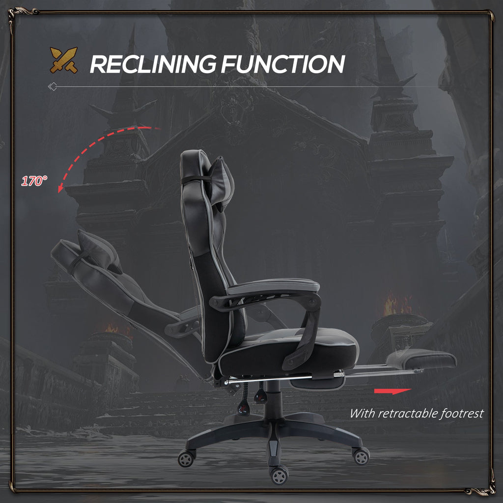 Reclining gaming chair with retractable footrest and swivel caster base; dark grey PU
