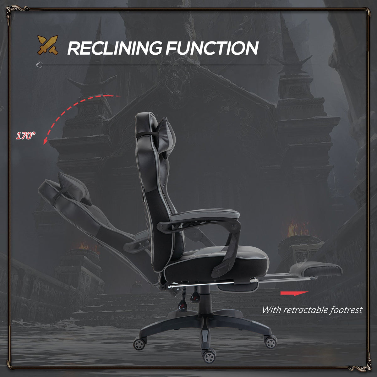 Reclining gaming chair with retractable footrest and swivel caster base; dark grey PU