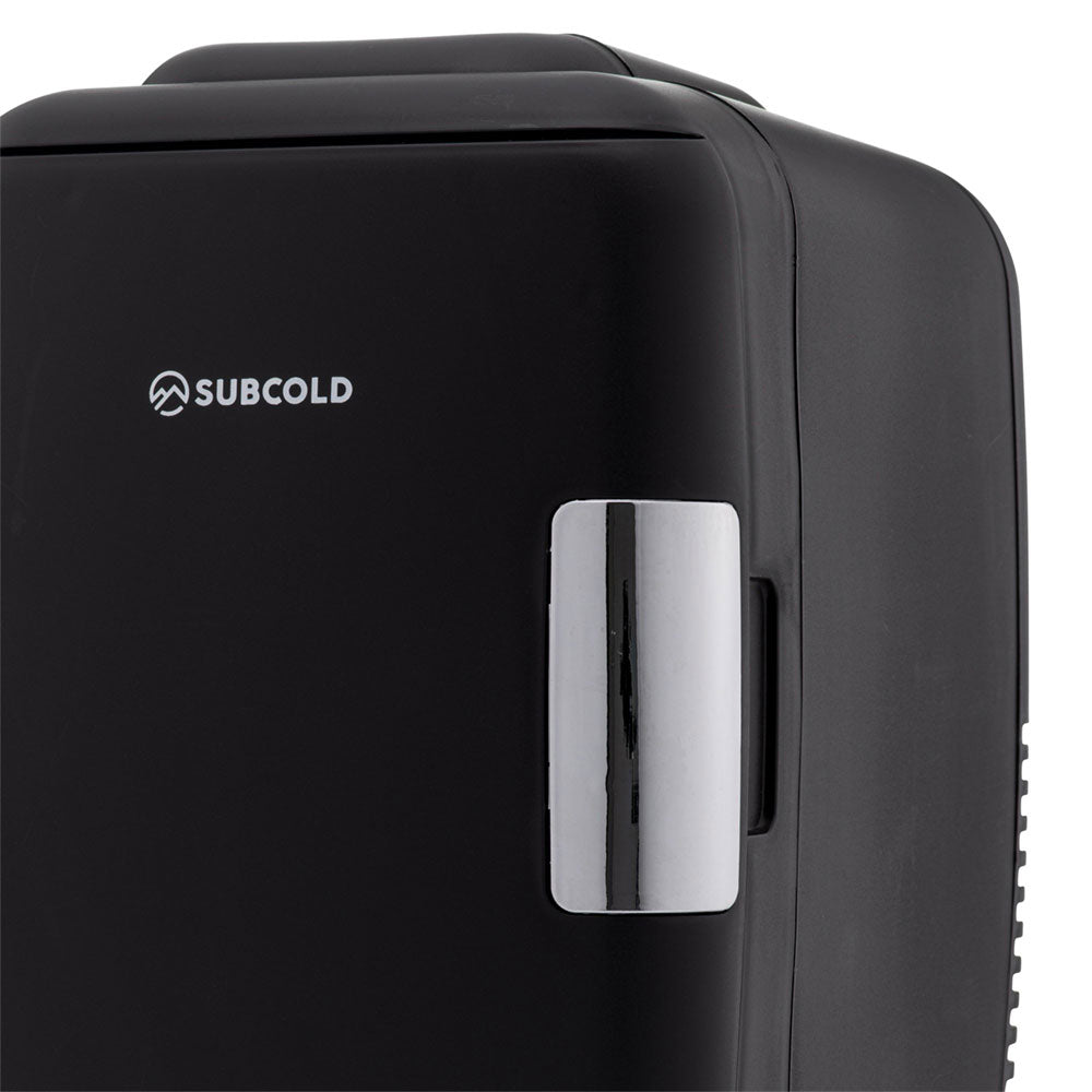 Black mini fridge side view with silver recessed handle