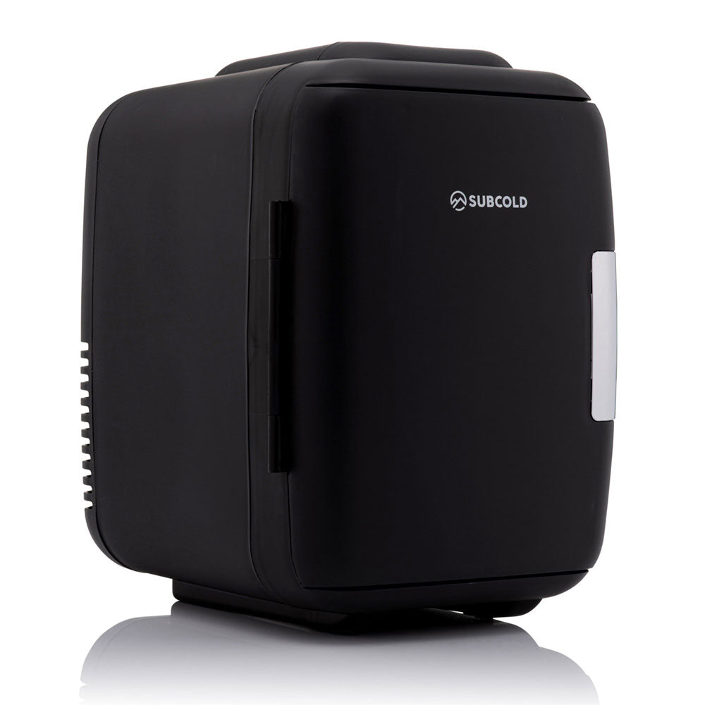 Black compact mini fridge with side handle and SUBCOLD logo