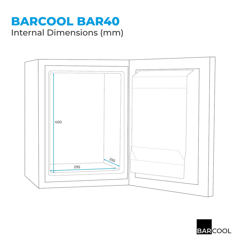 Mini bar fridge interior dimensions diagram with open front doors and measurement lines