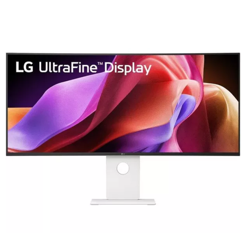 LG UltraFine 40-inch monitor with colorful screen and white pedestal stand