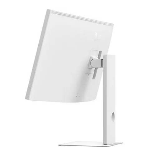 White LG UltraFine monitor in side view with slim stand and base