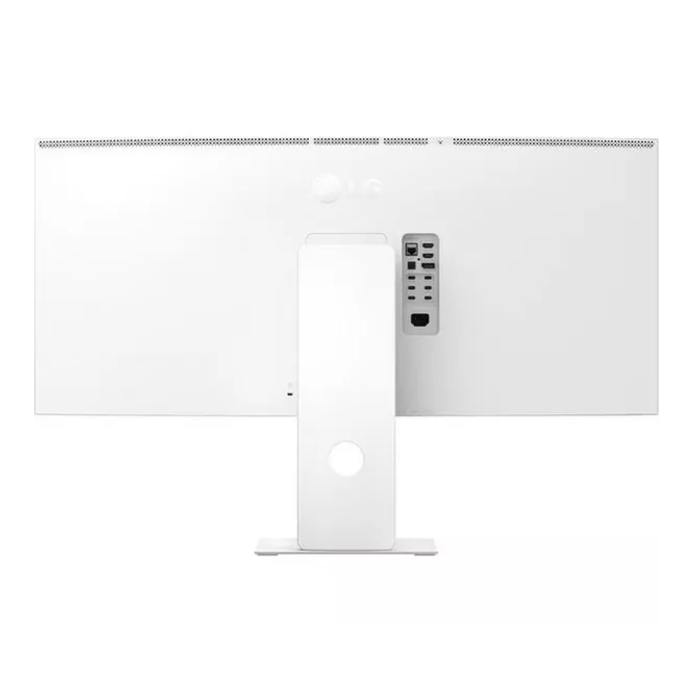 UltraFine monitor front view with visible rear ports and white stand
