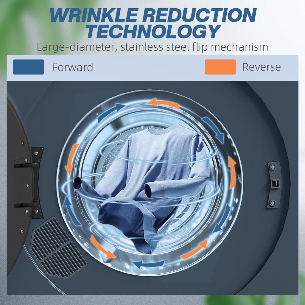 Blue compact tumble dryer drum with shirt items turning inside