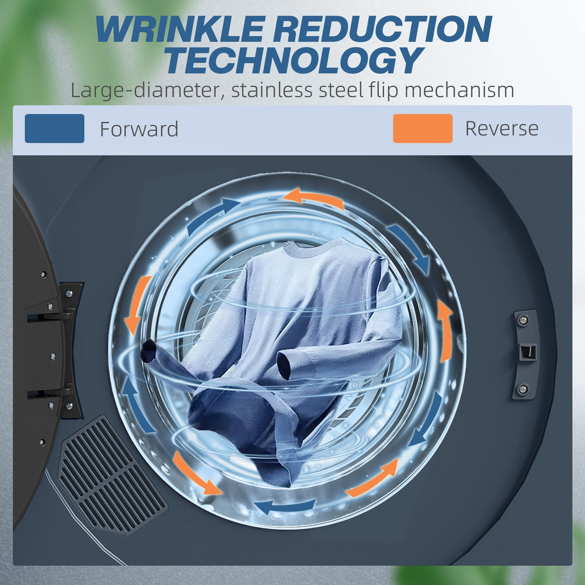 Blue compact tumble dryer drum with shirt items turning inside