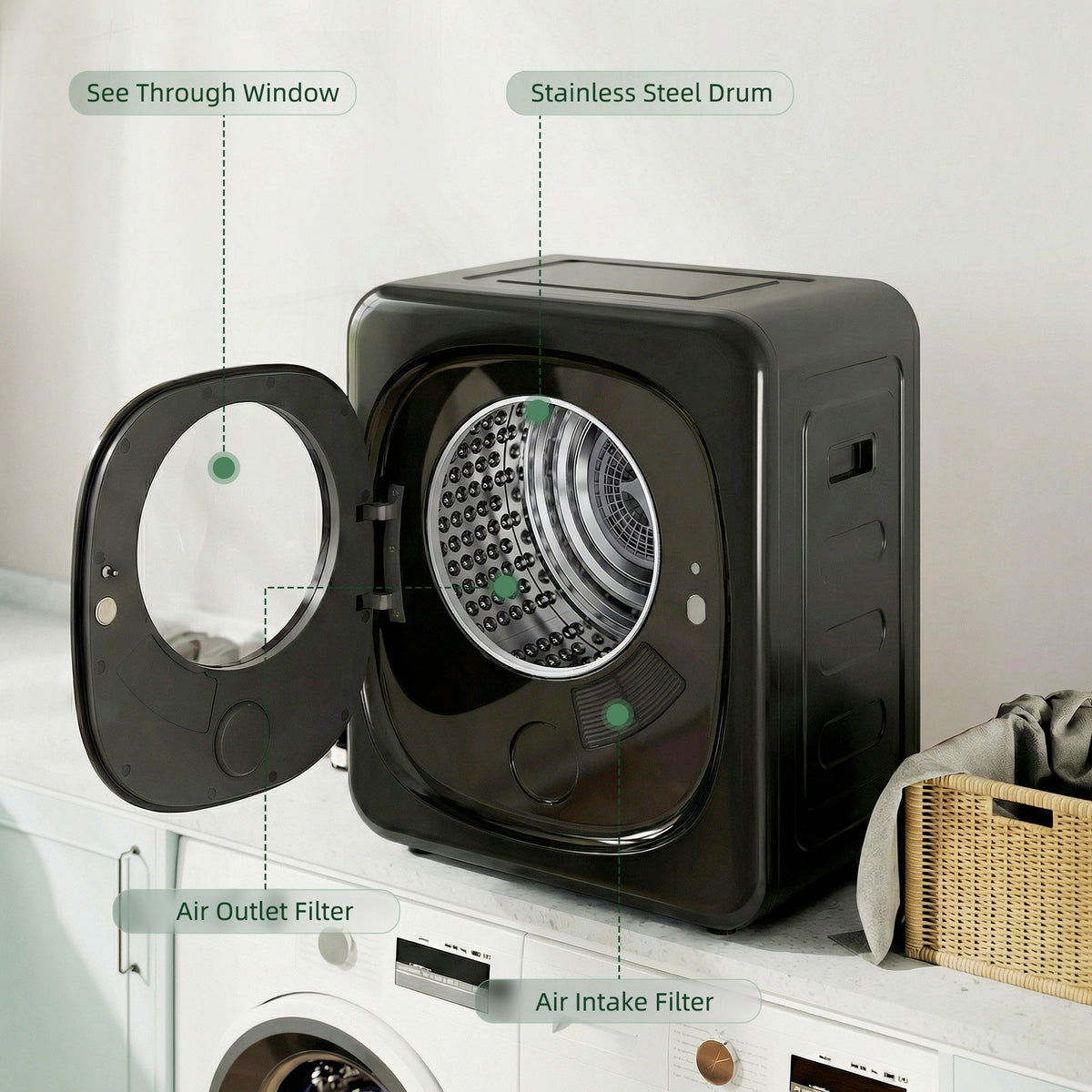 Black tumble dryer with front door glass and visible air intake and air outlet filter areas
