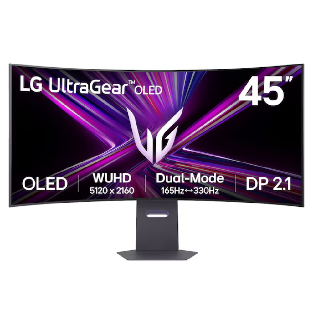 45-inch OLED gaming monitor front view with UltraGear logo and DP 2.1 text