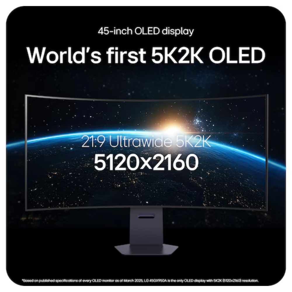 45-inch OLED gaming monitor screen showing 5K2K and 5120x2160 resolution text
