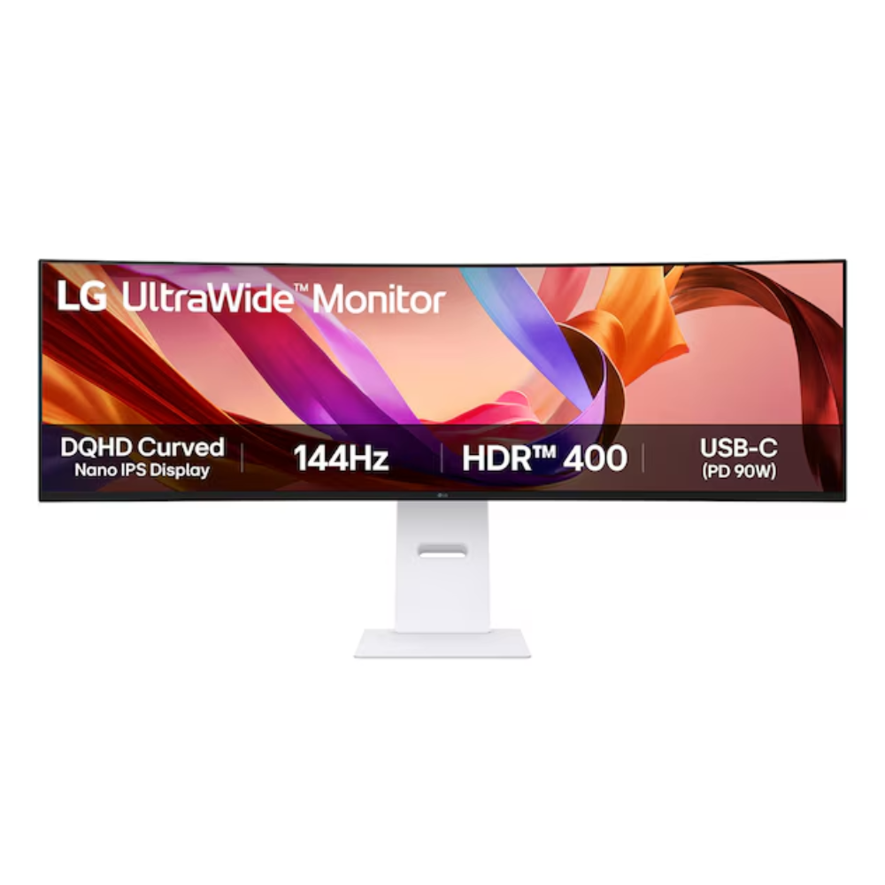 Curved ultra-wide monitor with black bezel and white pedestal stand