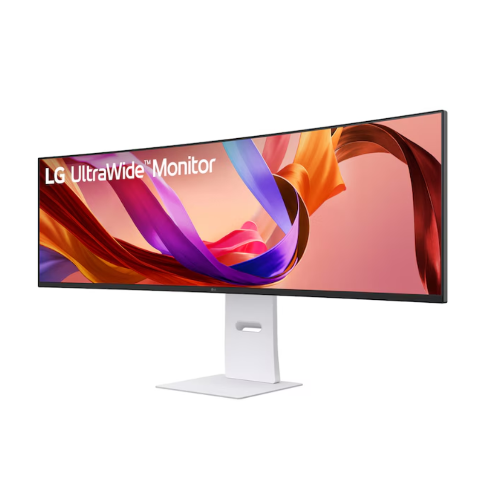 Curved ultra-wide monitor on white pedestal stand, front-left view