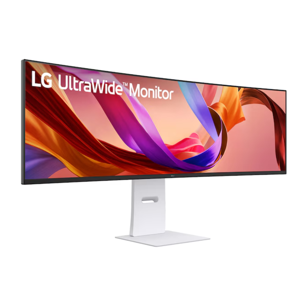 Curved ultra-wide monitor with black bezel and white stand base, angled view