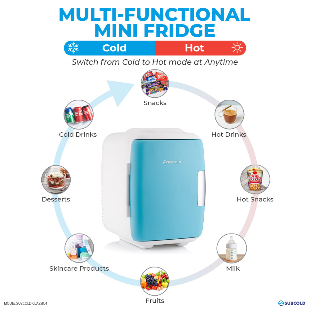 Blue mini fridge showing cold and hot mode options on an infographic