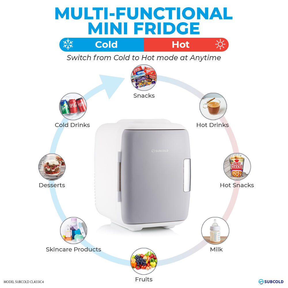 White multi-functional mini fridge with cold and hot mode indicator graphic