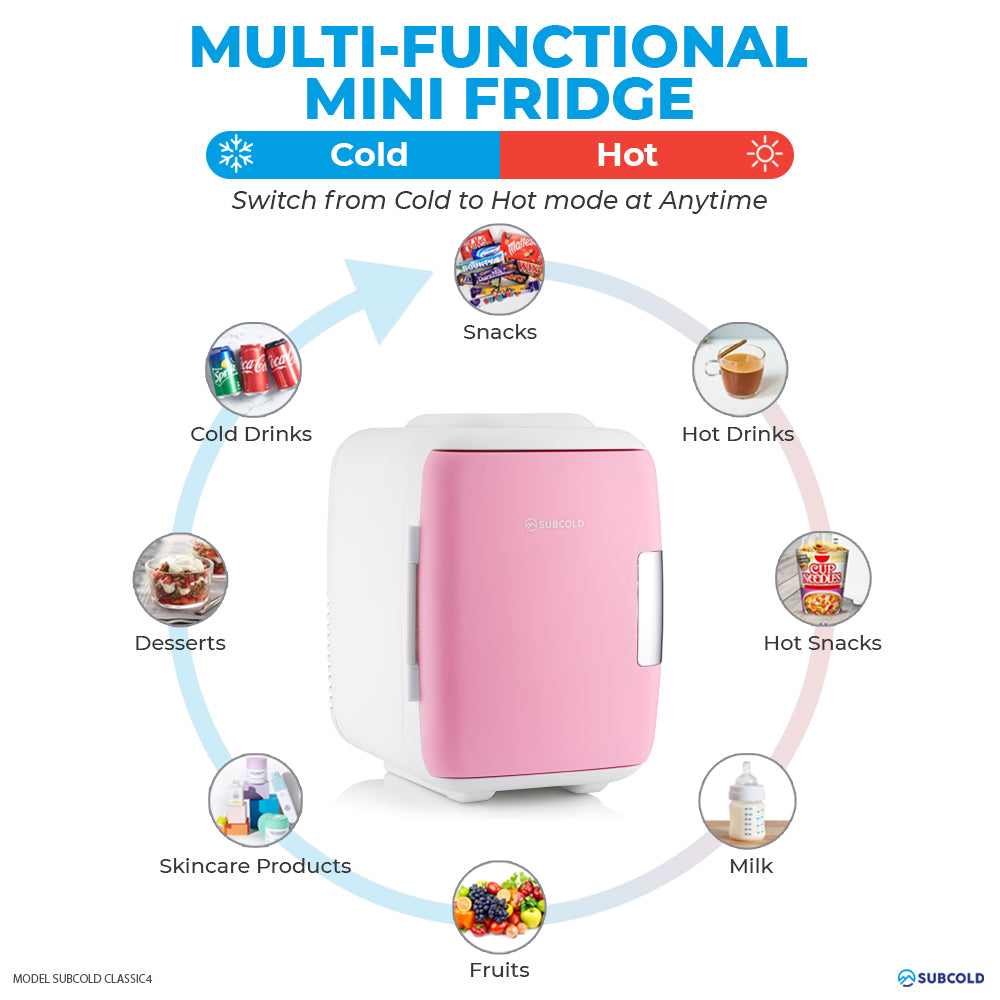 Subcold 4L mini fridge pink front view with cold and hot mode icons