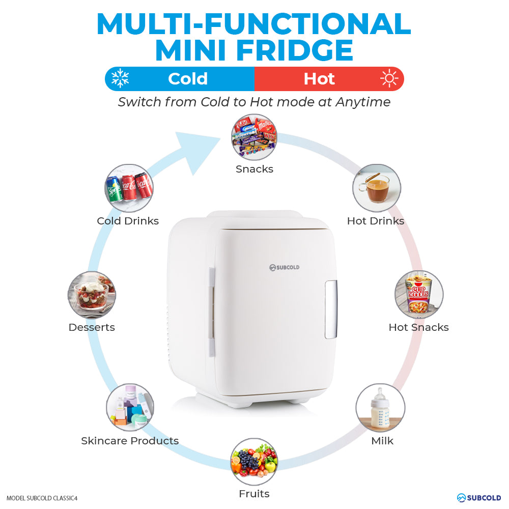 White Subcold multi-function mini fridge switching between cold and hot modes infographic.