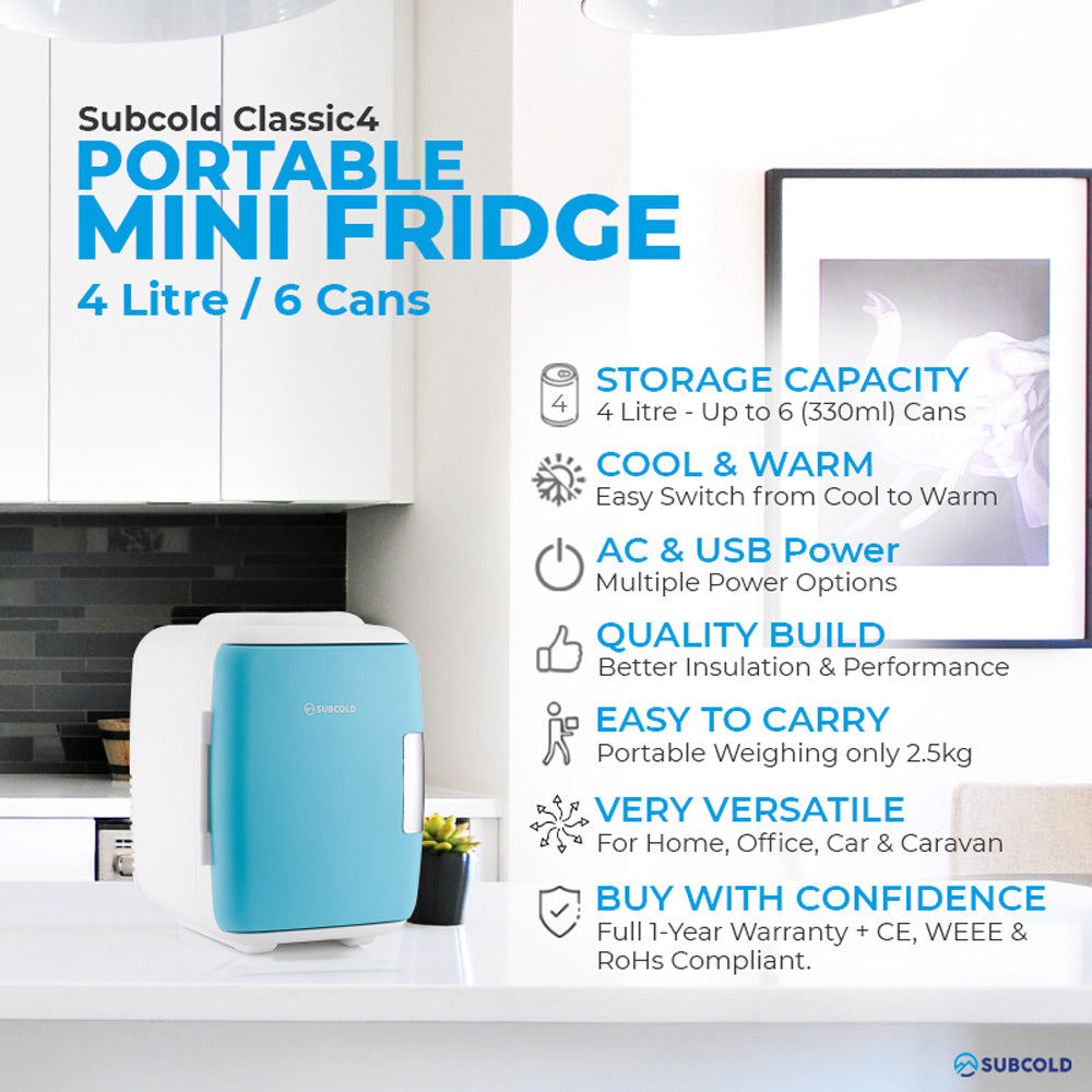 Portable mini fridge with blue front panel and white base for cool and warm storage