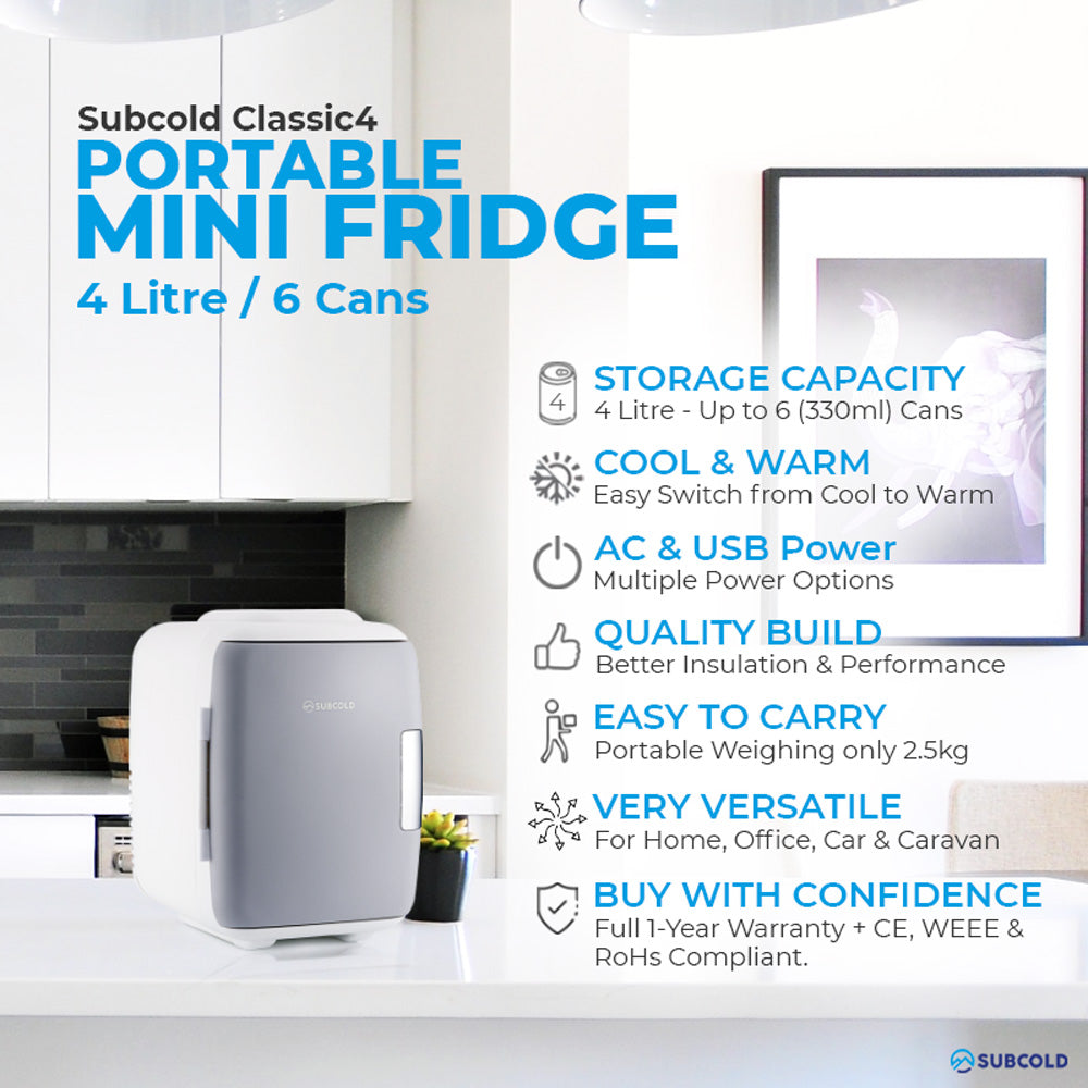 White Subcold portable 4L mini fridge shown on product packaging