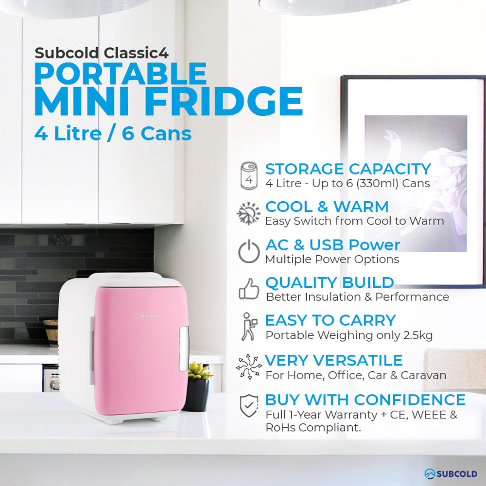 Pink portable 4L mini fridge with hinged top, compact counter-sized design