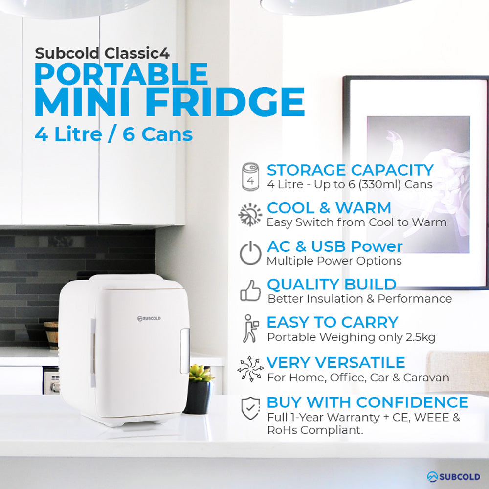 Subcold portable 4L mini fridge packaging showing storage, cooling, and AC/USB power.