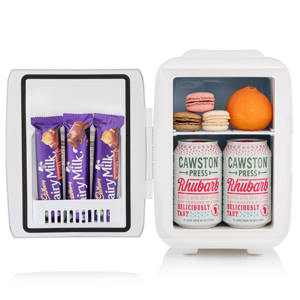Black mini portable fridge with open door, interior stocked with drinks and snacks