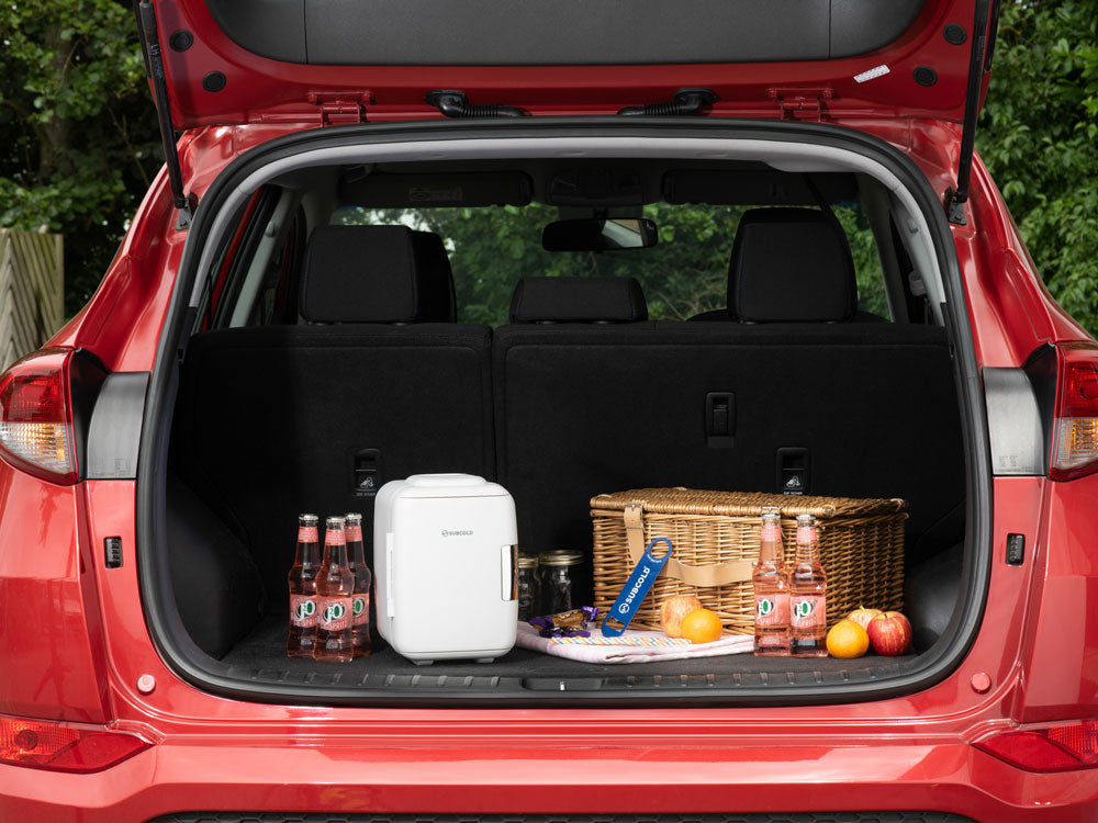 Mini fridge in a vehicle trunk, dark exterior with door open and groceries inside