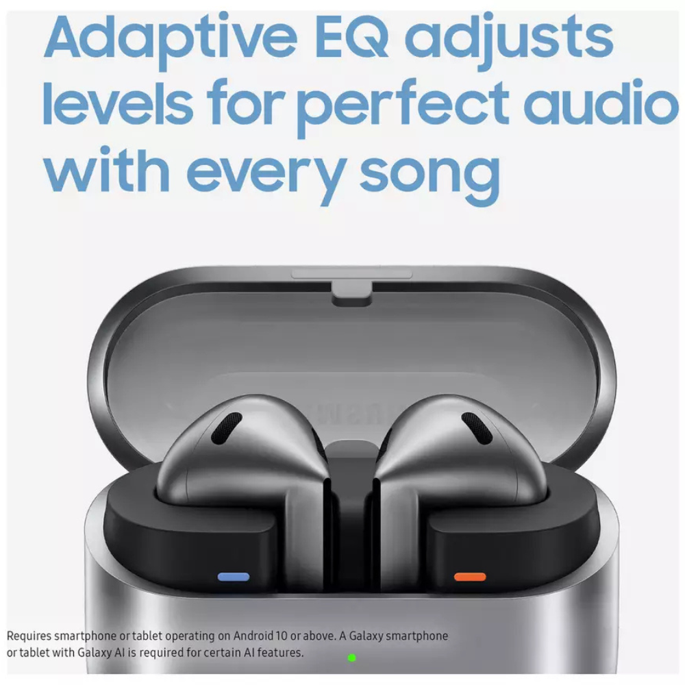 Wireless earbuds in open charging case, front view with grille details