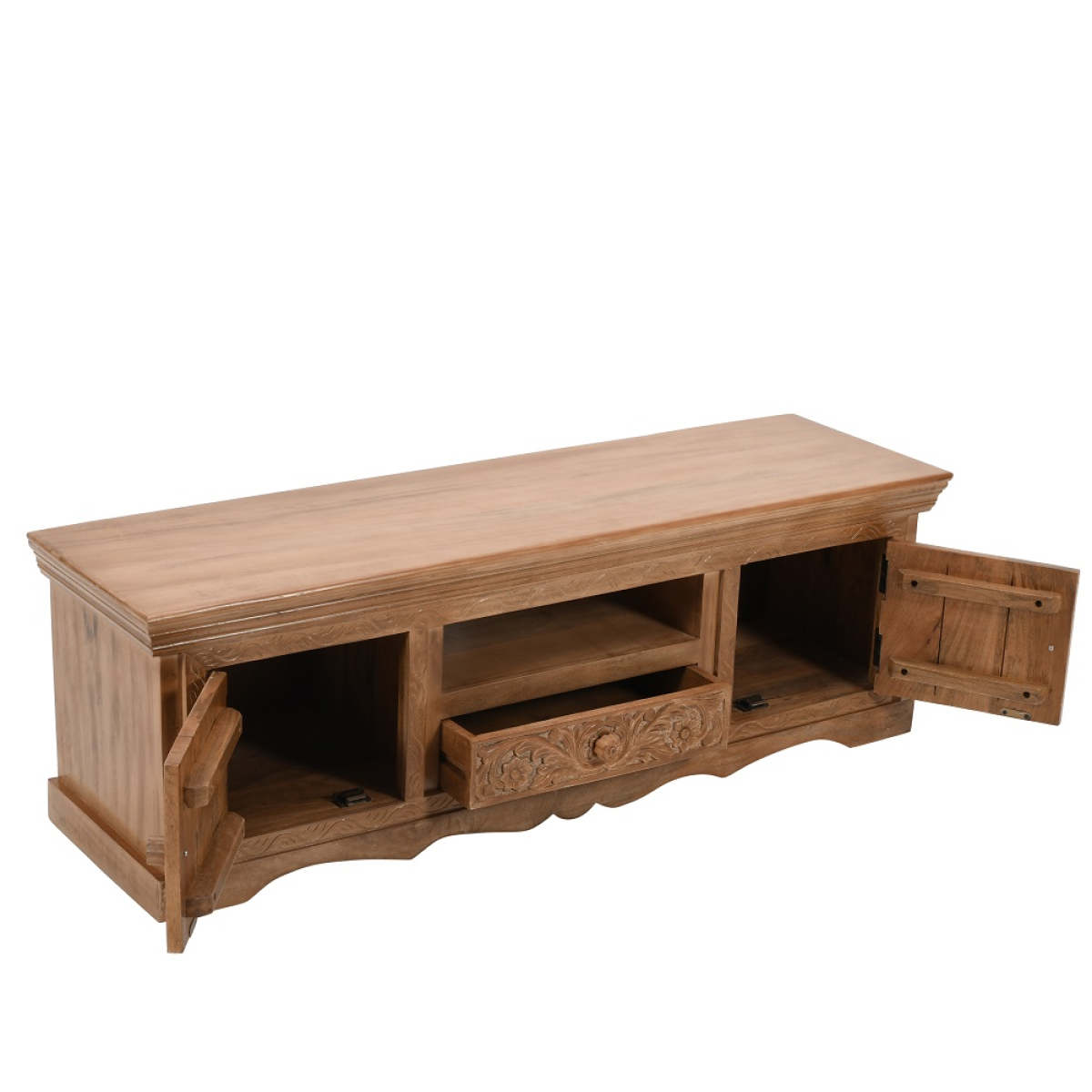 Mango wood TV cabinet with open shelves, carved drawer front, and side door open.