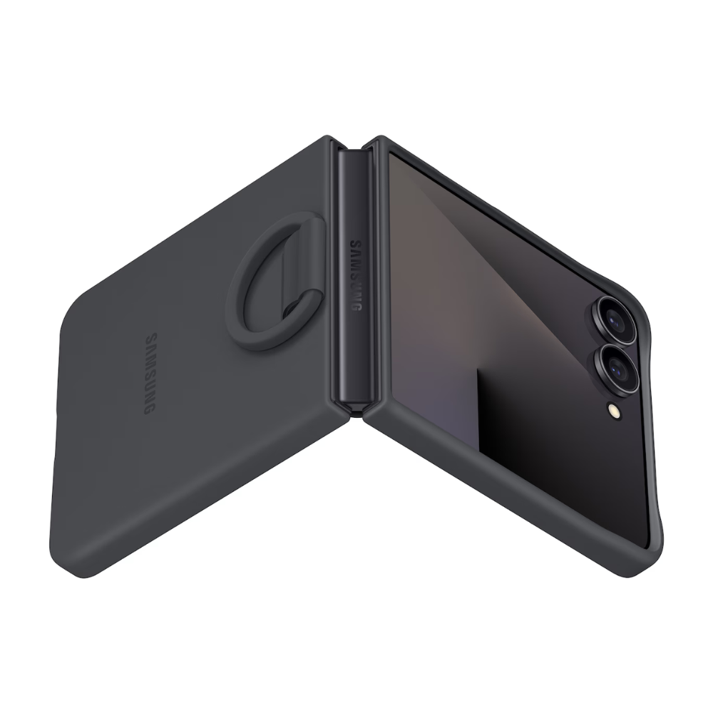 Dark gray silicone case with ring for Galaxy Z Flip7, side hinge view