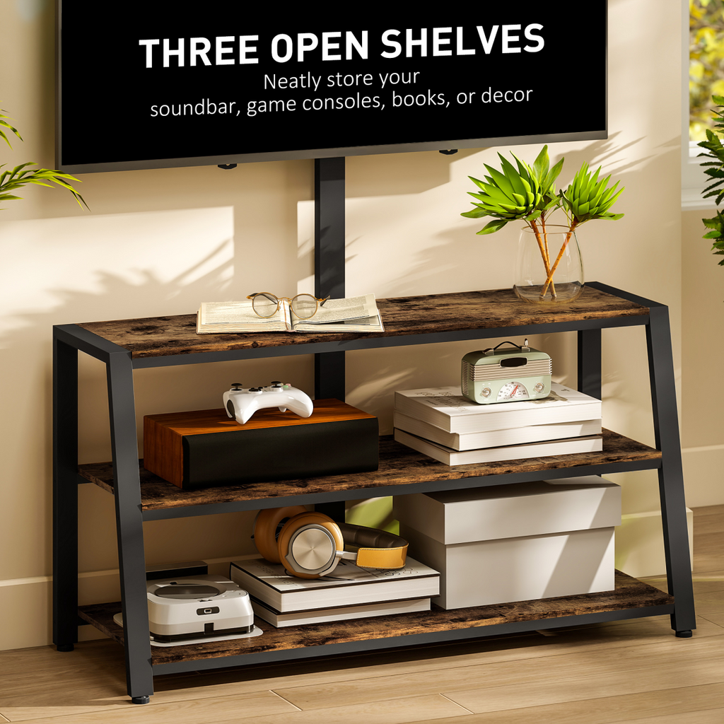 TV stand cabinet with three open shelves, rustic wood surface, and black steel frame