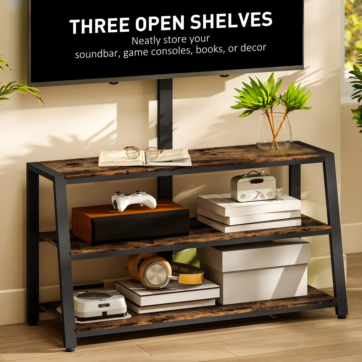TV stand cabinet with three open shelves, rustic wood surface, and black steel frame