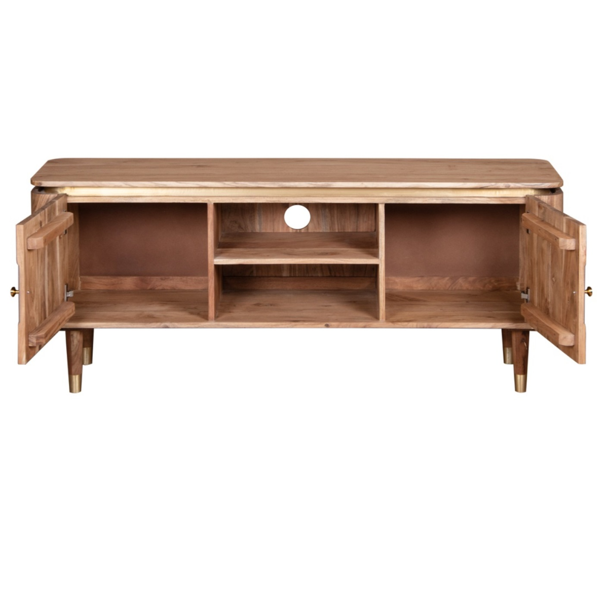 Acacia wood TV unit with open cabinet doors, media shelves, gray ribbed panels