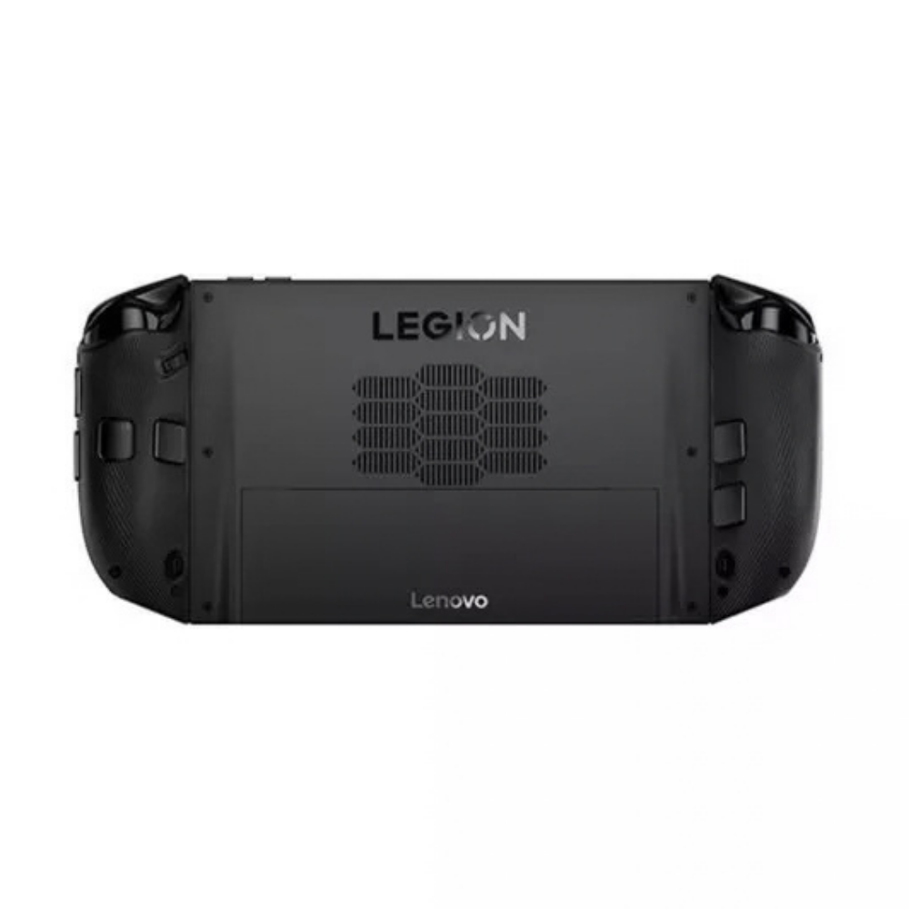 Black handheld gaming console back view with central ventilation grille and grips
